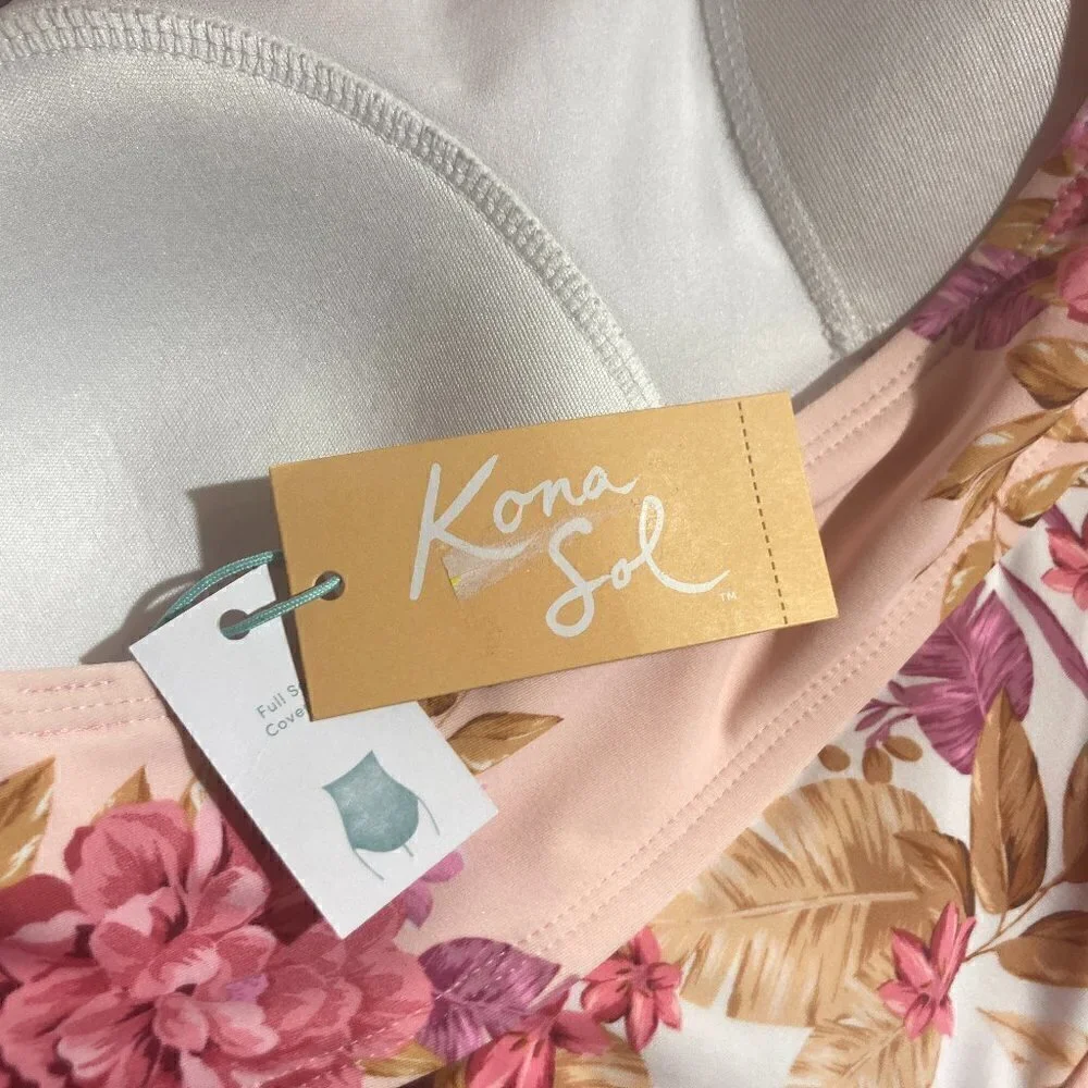 Kona Sol NWT SZ M Pink Floral Cut Out One Piece Figure Flattering Swimsuit Beach